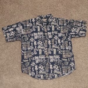 Mens Large Navy Blue Hawaiian Shirt Cotton Casual Button Down Tee Shirt